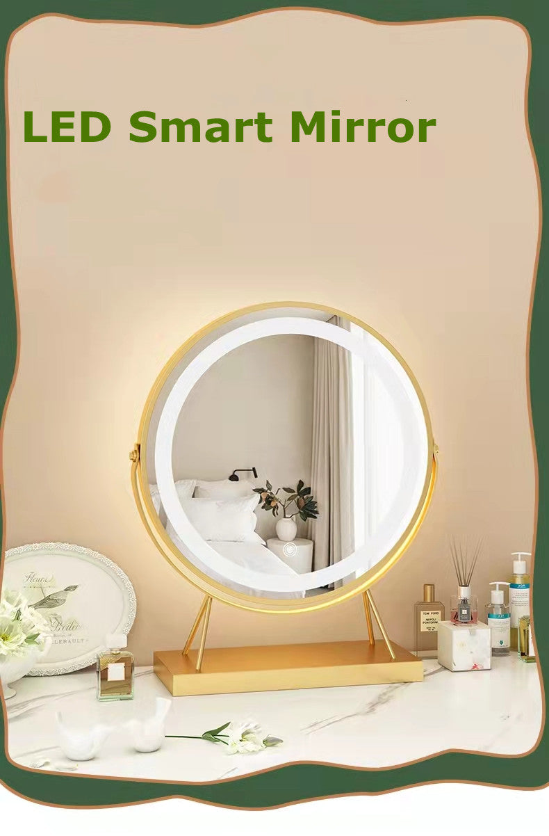 Table Standing Gold Metal Frame Smart Touch Control Lighted Mirror LED for Makeup