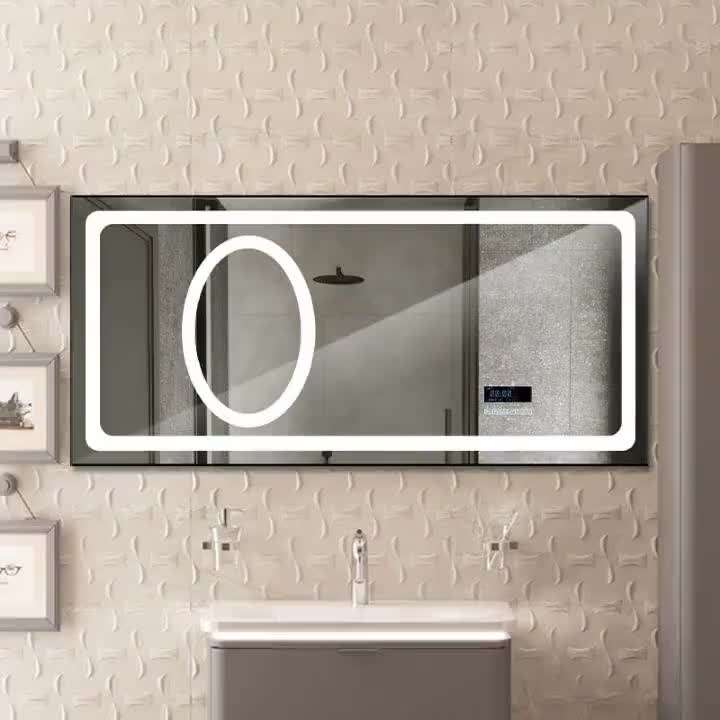 Modern Style Rectangular Time display Mirror Bathroom customized LED Backlit Defogger Smart Mirror