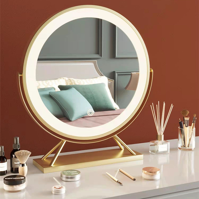 Table Standing Gold Metal Frame Smart Touch Control Lighted Mirror LED for Makeup