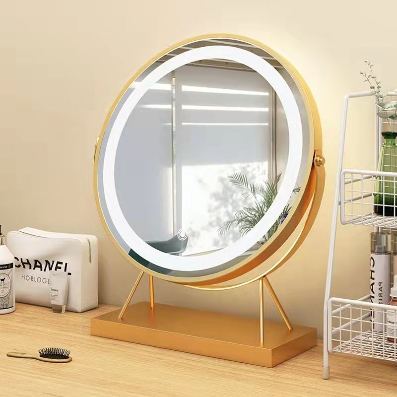 Table Standing Gold Metal Frame Smart Touch Control Lighted Mirror LED for Makeup
