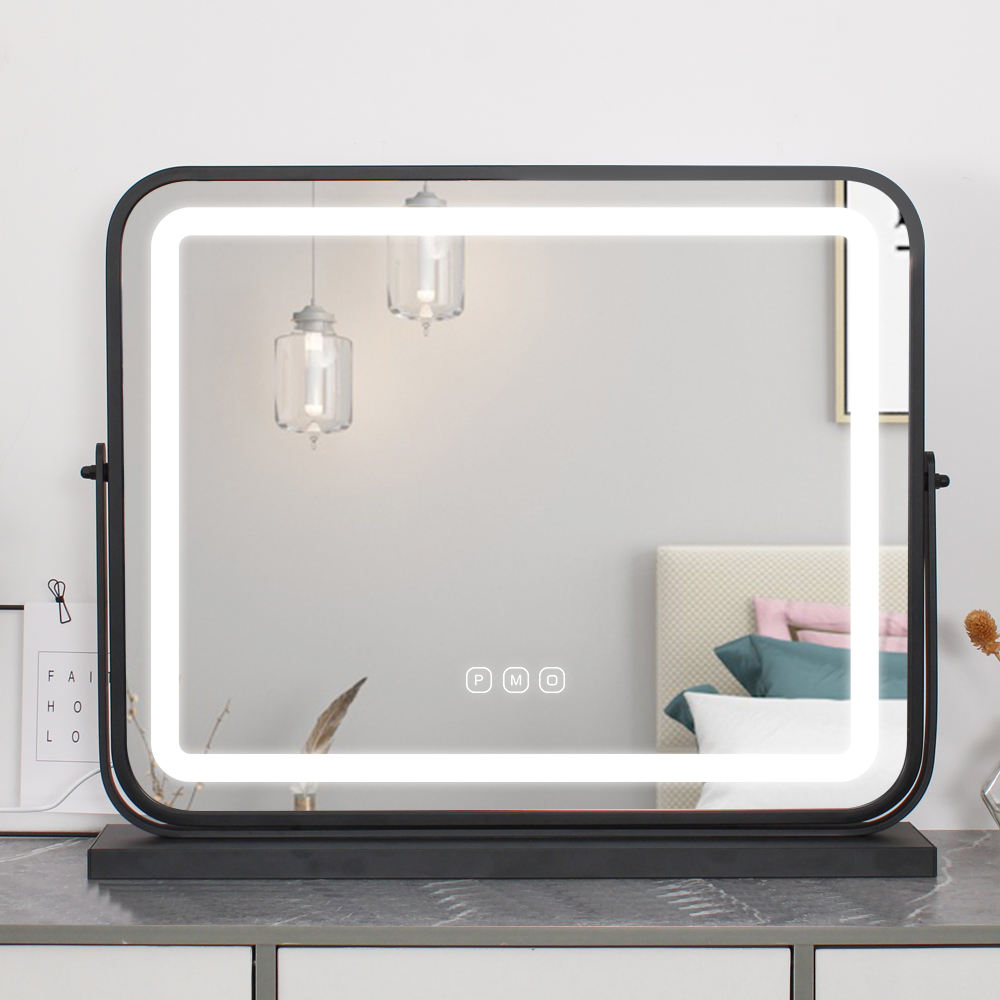 Black Square Three Color Adjustment Cosmetic Led Table Makeup Vanity Mirror With Lights