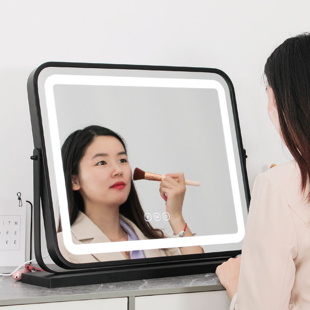 Black Square Three Color Adjustment Cosmetic Led Table Makeup Vanity Mirror With Lights