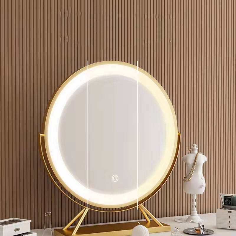 Table Standing Gold Metal Frame Smart Touch Control Lighted Mirror LED for Makeup