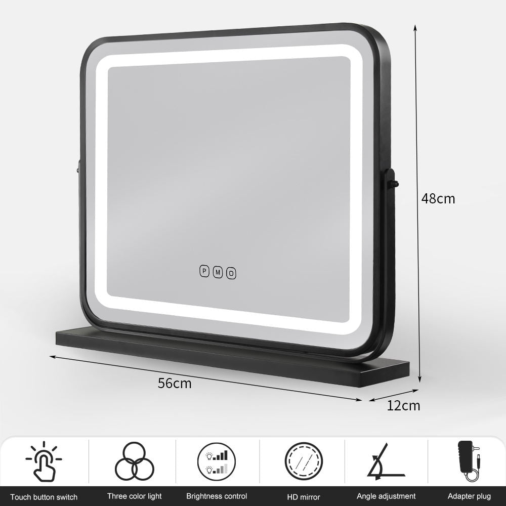 Black Square Three Color Adjustment Cosmetic Led Table Makeup Vanity Mirror With Lights