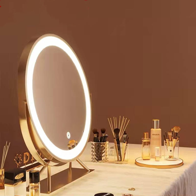 Table Standing Gold Metal Frame Smart Touch Control Lighted Mirror LED for Makeup