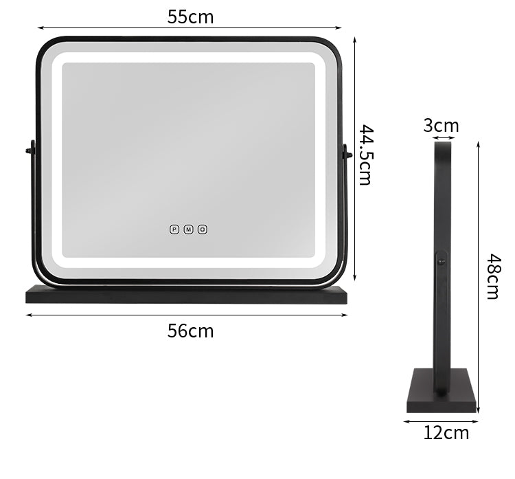 Black Square Three Color Adjustment Cosmetic Led Table Makeup Vanity Mirror With Lights