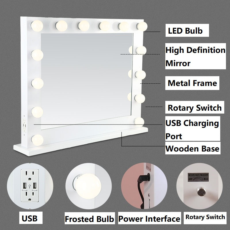 Hollywood LED Mirror LED Makeup Mirror Square Hollywood Mirror Studio Makeup Mirror Fill Light Desktop Wall Mounted Dressing Mirror