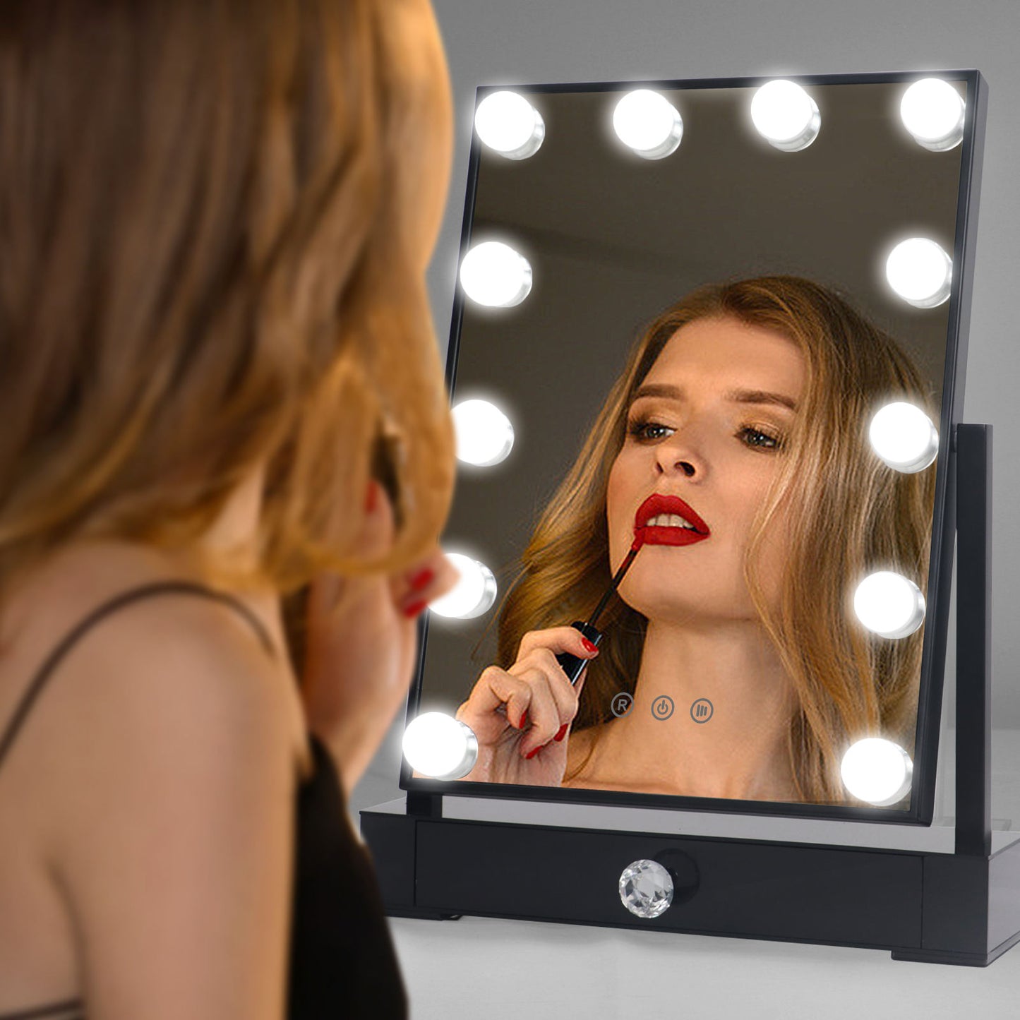 Metal frame dressing table standing touch screen hollywood spiegel espejo led lighted vanity makeup mirror with touchscreen