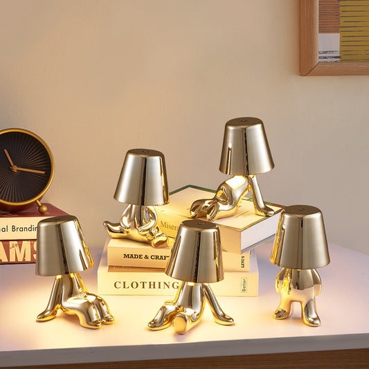 Little Gold Man Lamp Bedside Touch Control Table Lamp Thinker Golden Man Statue LED Table Lamp USB Rechargeable 3-Speed Color Dimmer Home Living Room Office Decorative Table Lamp