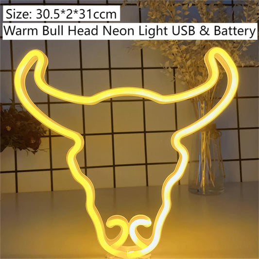 LED Bull Head Neon Light Wall Art Sign Lights Family Party Holiday Decoration Be
