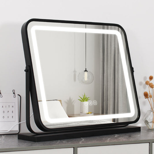 Black Square Three Color Adjustment Cosmetic Led Table Makeup Vanity Mirror With Lights
