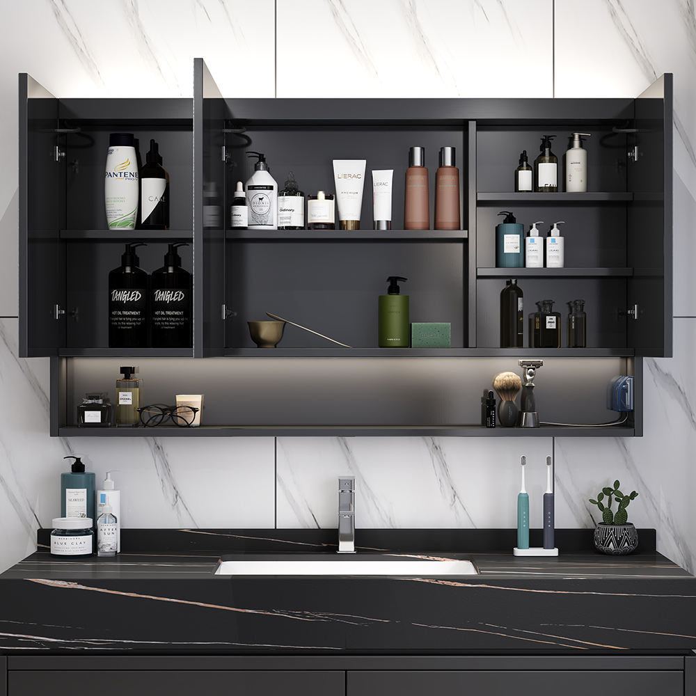 Modern Bathroom Furniture Bathroom Storage LED Mirror Cabinet Black Bathroom Vanity With Led Light