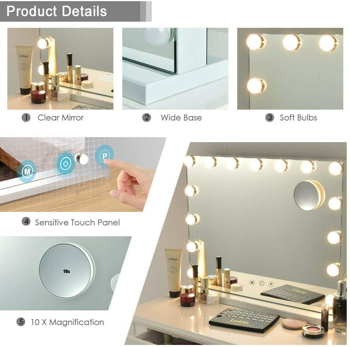 Beauty touch screen makeup mirror led lights bulbs cosmetic make up mirror travel portable led makeup mirror