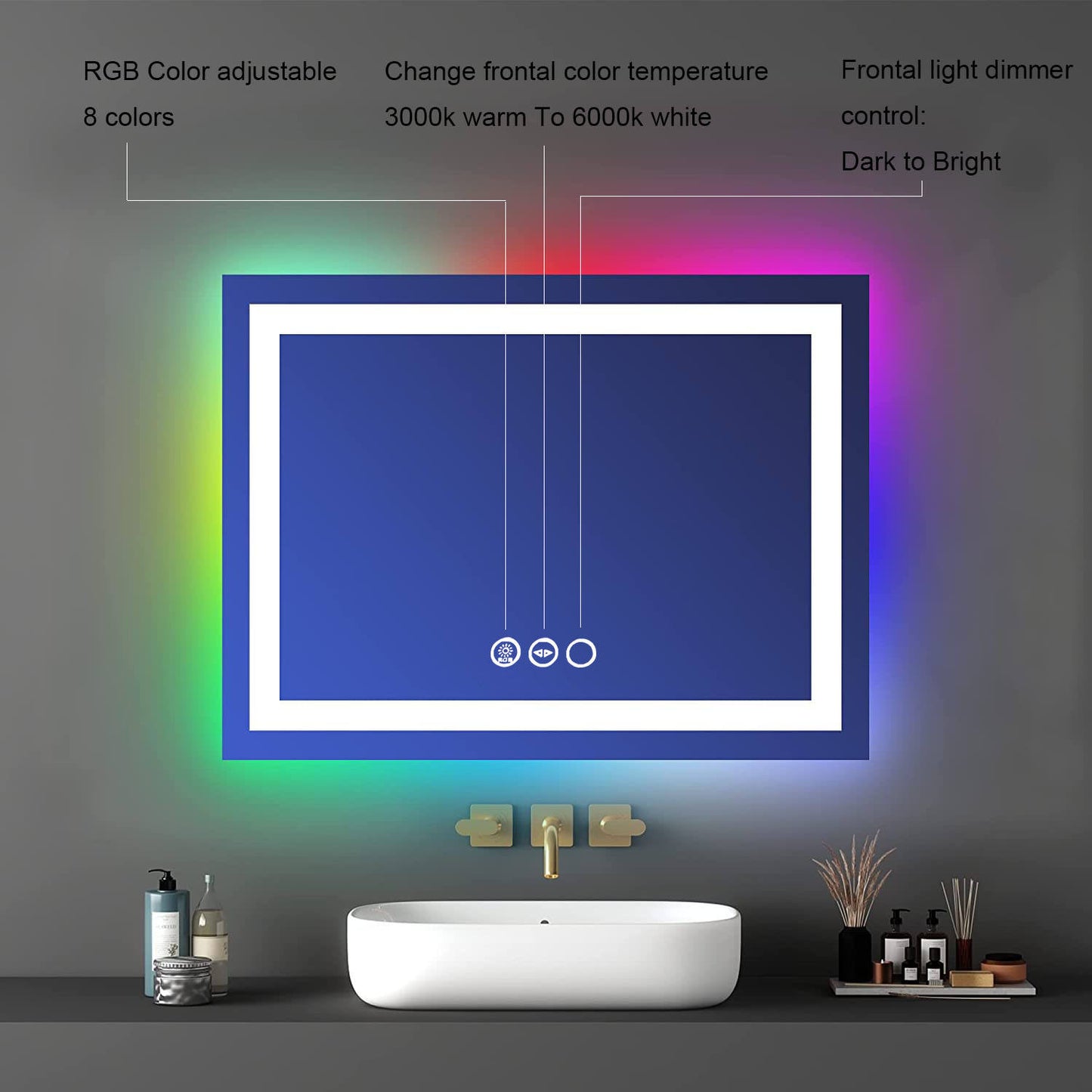 Hotel TV Back lights led strip RGB with front light CCT touch dimmer switch&Anti-fog Button for led bath mirror