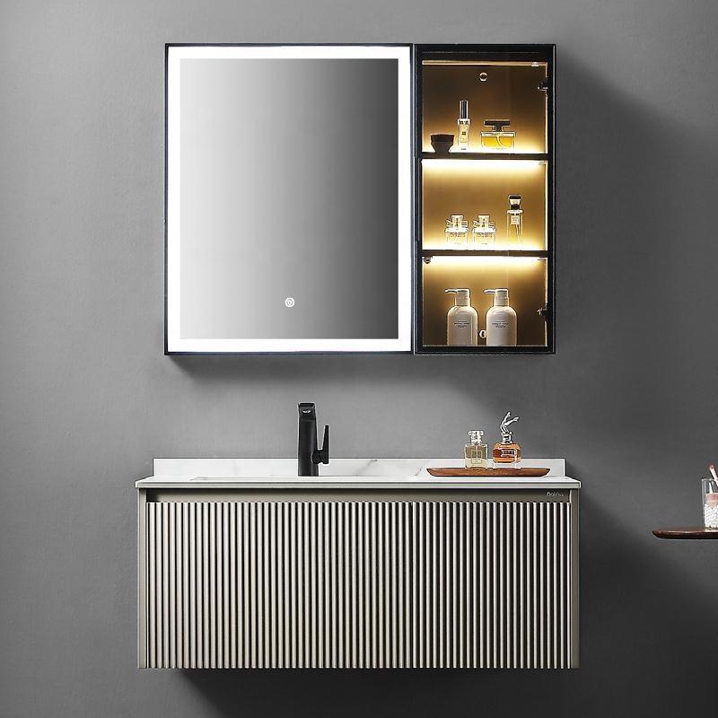 Washroom modern bathroom vanity bathroom cabinet sets with LED mirror and ambient lighting from manufacturer